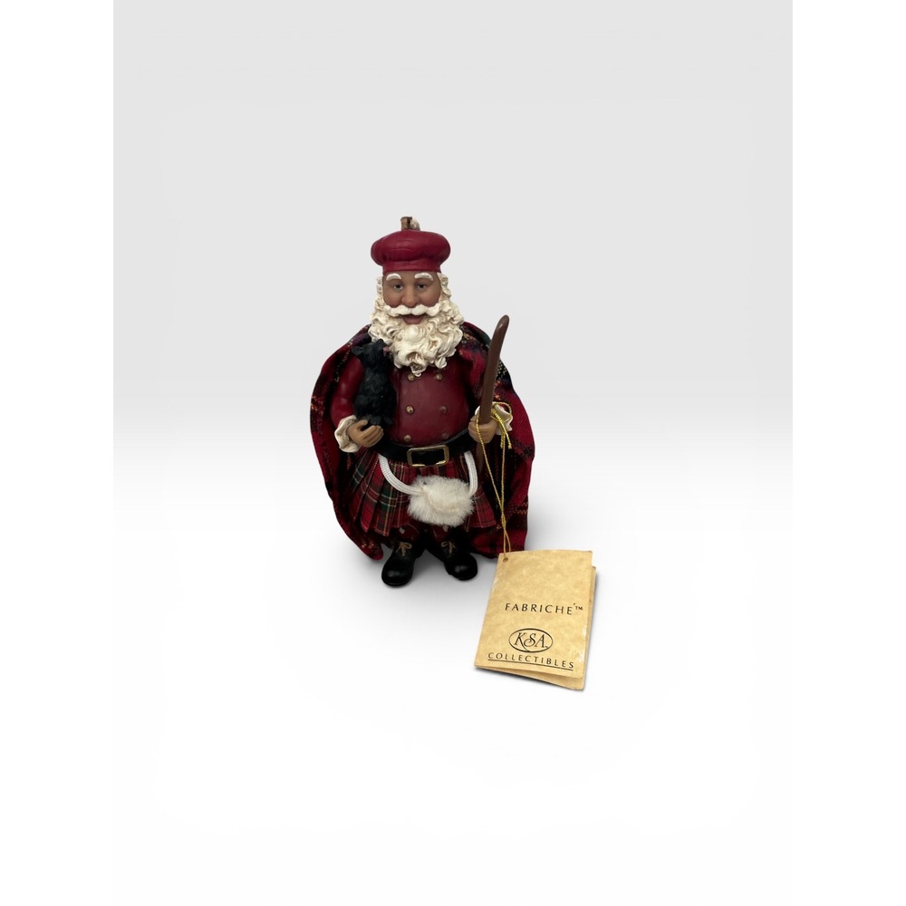 Kurt S Adler Fabriche Scottish Black Santa Figurine Tartan Kilt Scottie Dog Tag